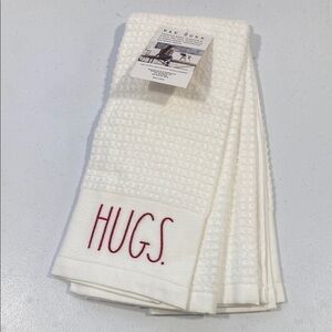 NWT Rae Dunn White Kitchen Towel with Red 'Hugs’ ‘Kisses’ Embroidery